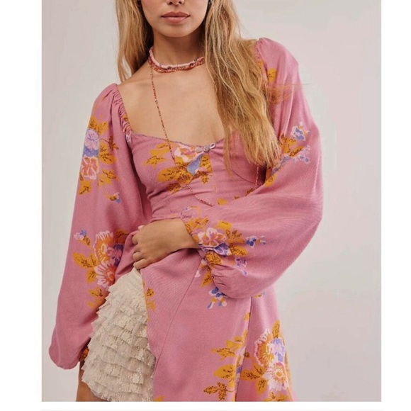 FREE PEOPLE FRANCESCA FLORAL PRINT DRESS MEDIUM PINK FLORAL - Picture 5 of 8